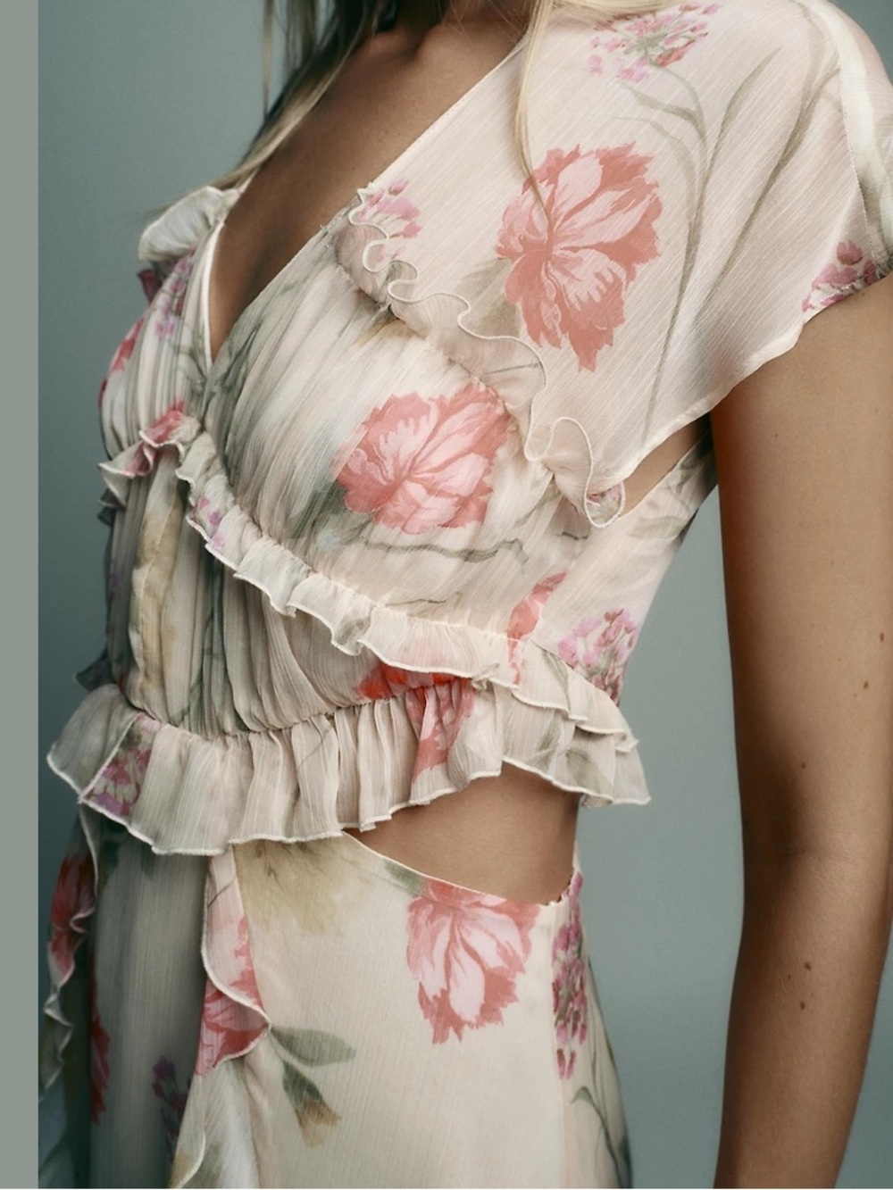 Zara Floral Ruffle Flowy Wedding Guest Fairycore Dress Sheer Chiffon Cream NWT S - Picture 4 of 11